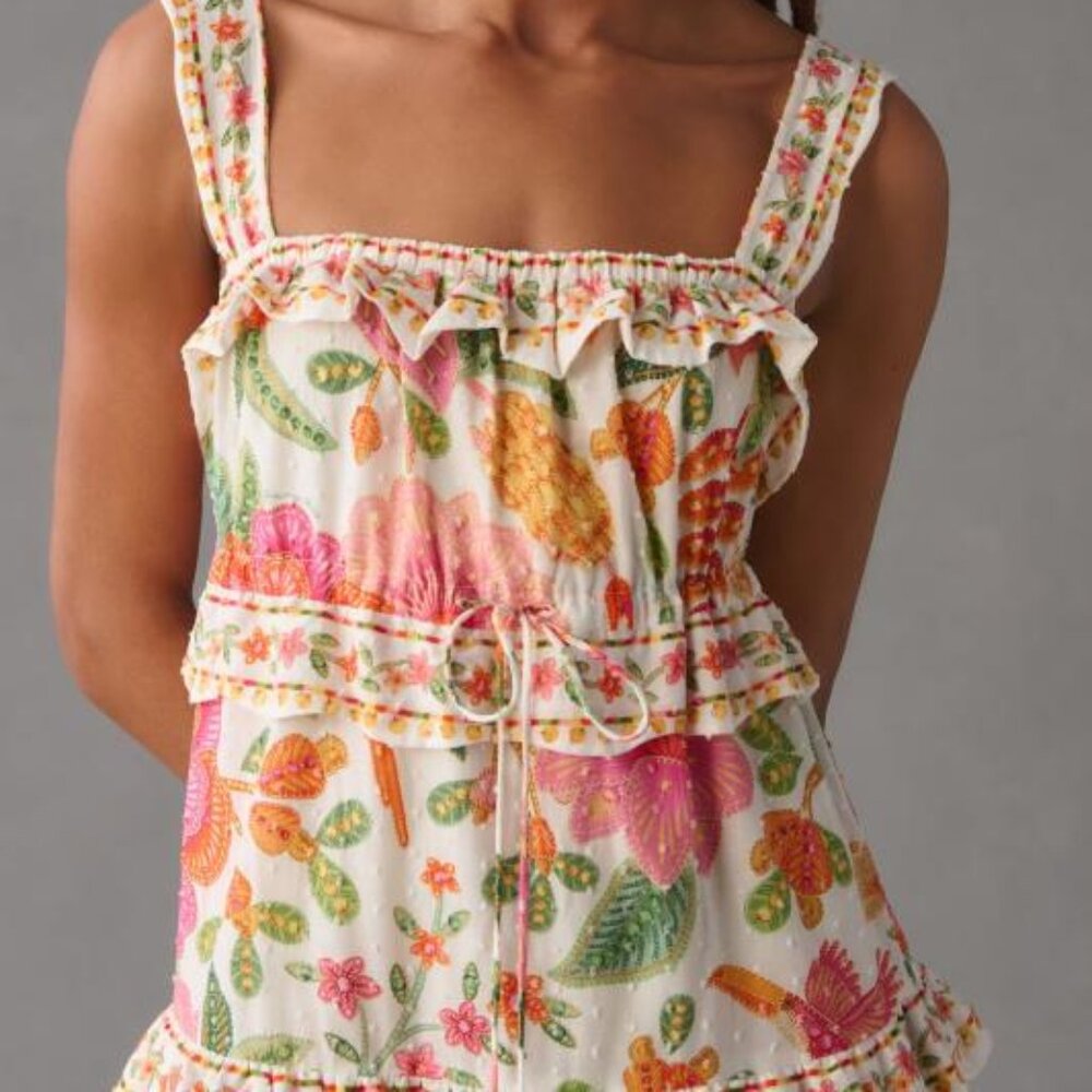 Farm Rio Square-Neck Tiered Ruffle Dress